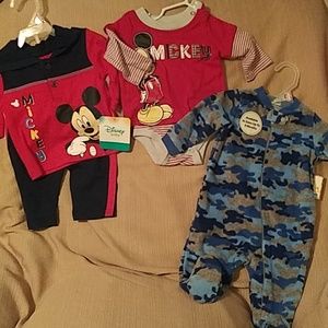 Mickey mouse onesie, shirt & pants & fleece PJs.